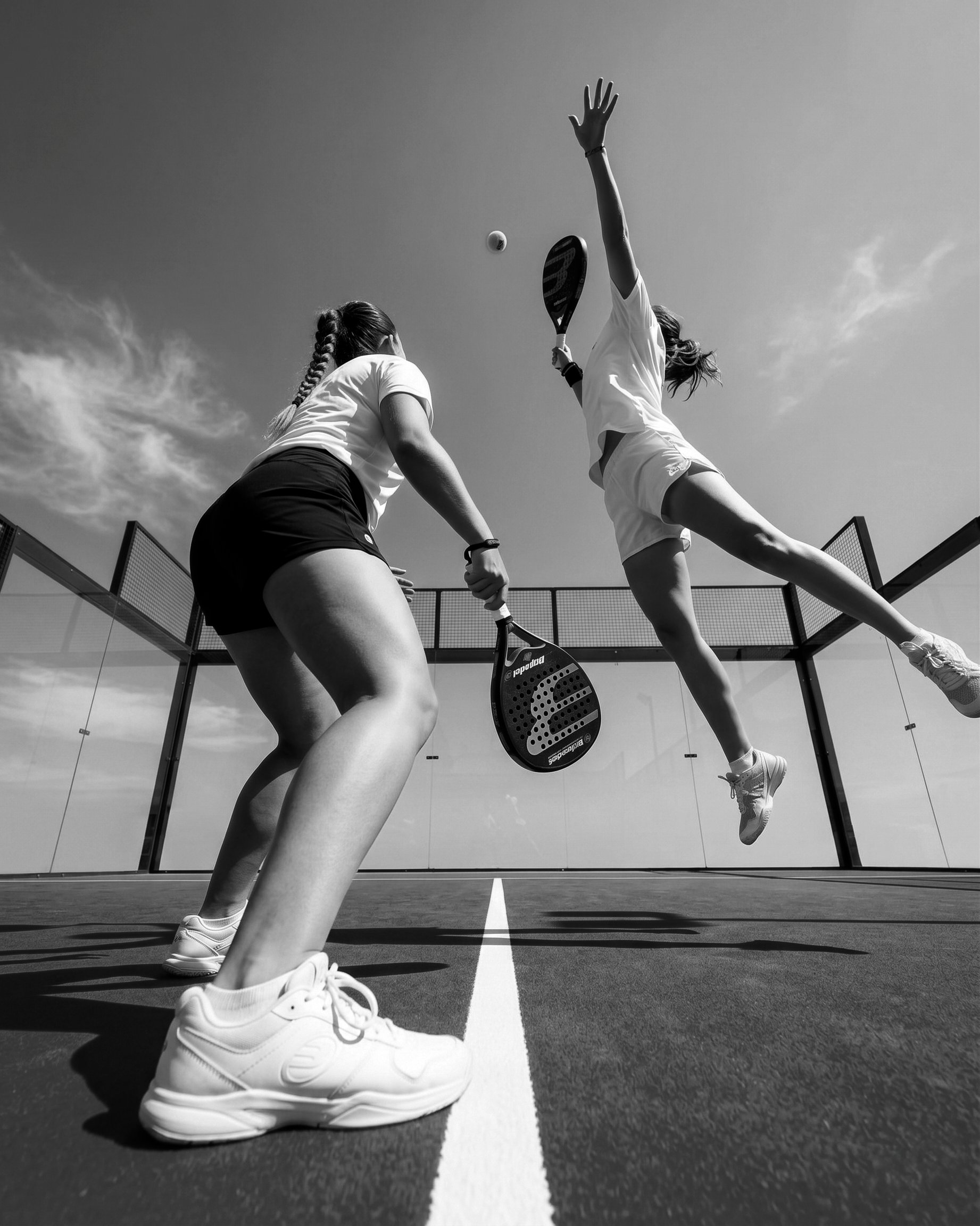 Two women playing padel on an outdoor court — one defending at the baseline, one leaping for an overhead smash.