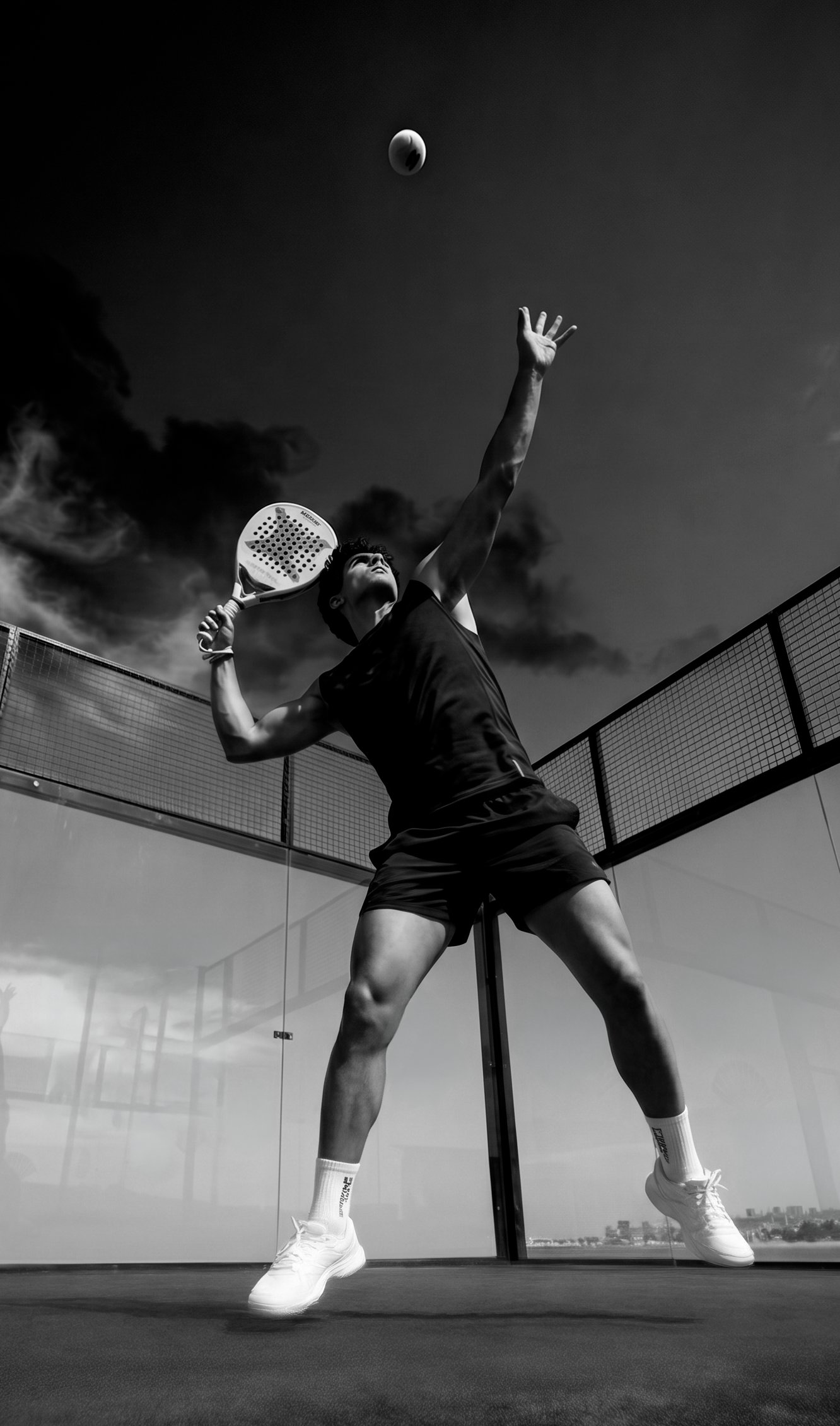A padel player executing an overhead smash on an outdoor padel court, photographed from below.
