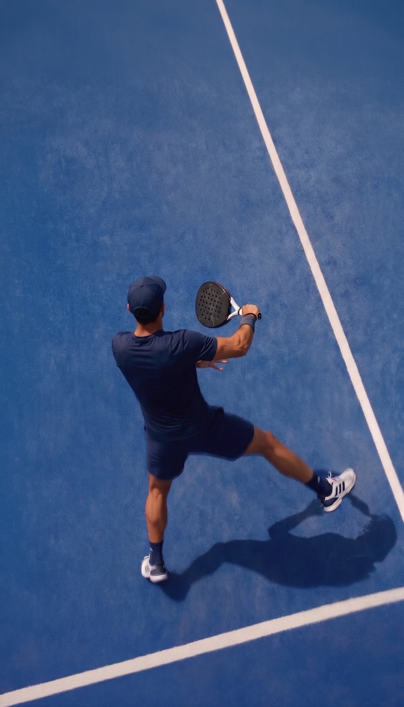 A padel player mid-rally on a deep blue padel court, seen from above.