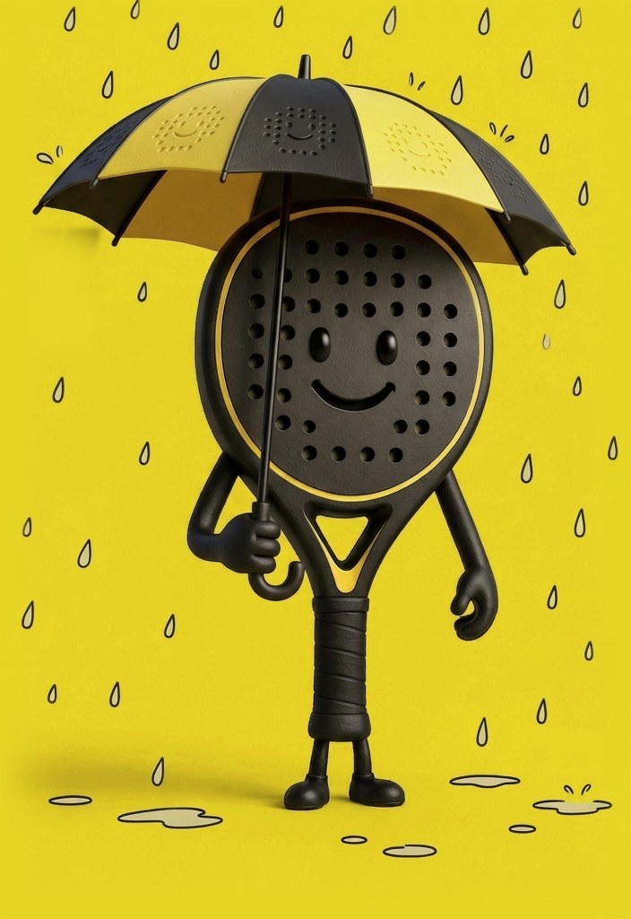 A smiling padel racket character holding a yellow and black umbrella in the rain.