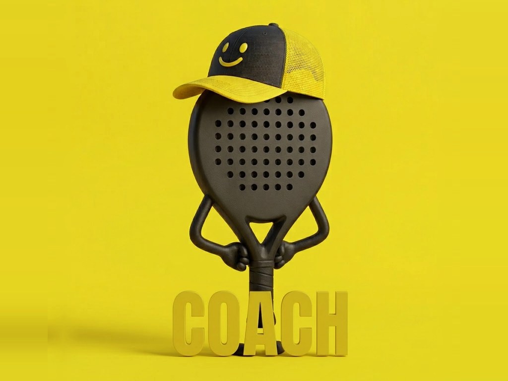 A padel racket character wearing a Jam Padel cap, standing behind the word COACH.