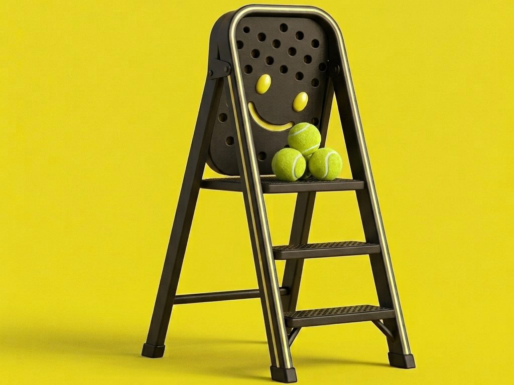 A smiling padel racket step ladder with three balls on the top step.