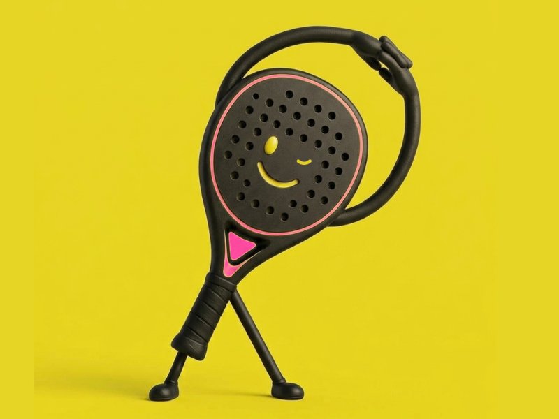 A smiling padel racket character stretching on a yellow background.